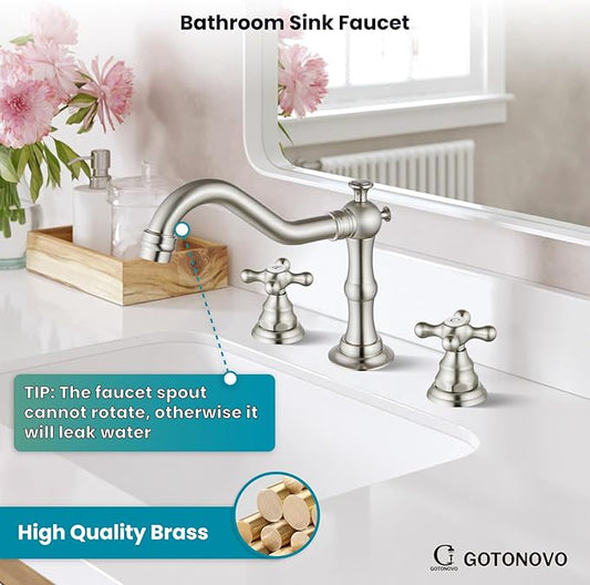 gotonovo Bathroom Faucet 3 Hole 8 Inch Widespread Bathroom Sink Faucet 2 Cross Handles Vintage Lavatory Vanity Mixer Tap with Pop Up Drain, H C Label, Brushed Nickel