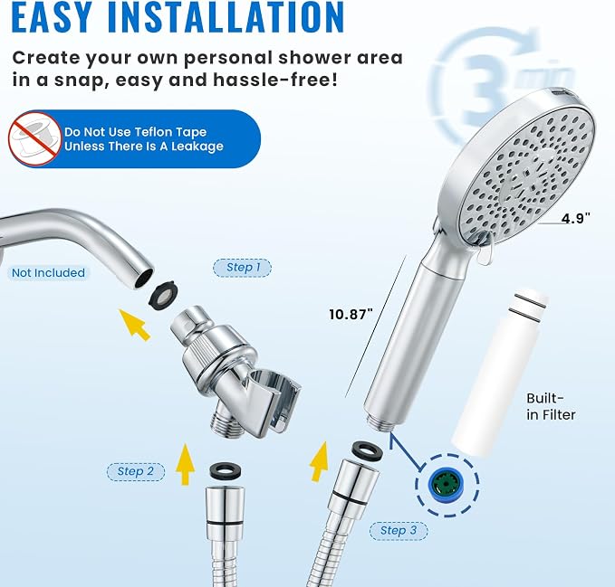 Filtered Shower Head with Handheld, High Pressure 9-Spray Modes Detachable Shower Head with Filter for Hard Water-Remove Chlorine & Impurities, Improve Skin & Hair Health, 2 Filters, Chrome