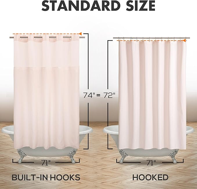 River Dream No Hook Shower Curtain with Snap-in Liner Set, Pink, 71x74 | Snap on/off Waterproof PEVA Liner, See Through Top Window, Slub Textured, Hotel Style Shower Curtain Set, Standard Size
