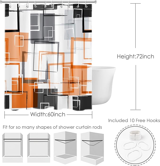 Orange Geometric Shower Curtain with Hooks,Gray Black and White Abstract Striped on White Fabric Shower Curtain for Bathroom Decor Modern Minimalist Shower Curtain Set,72L X 60W inches