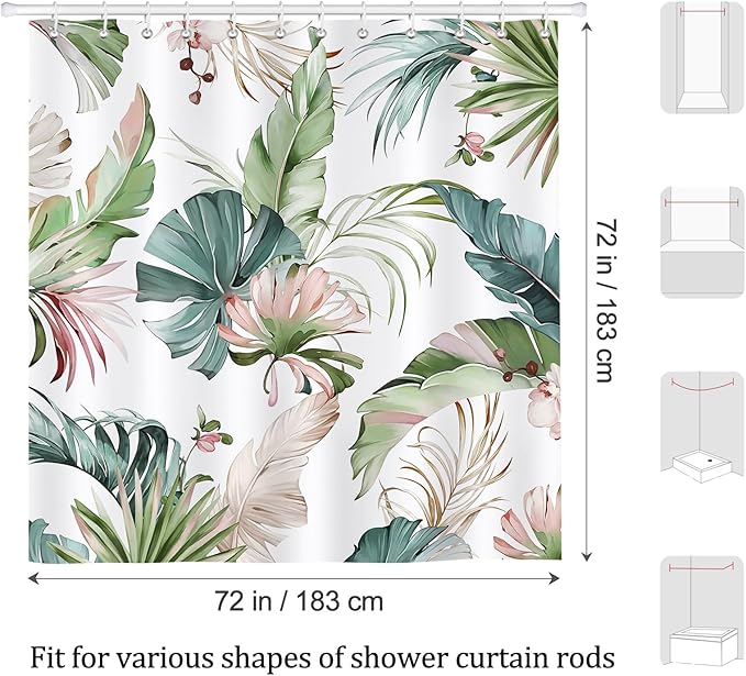 Tropical Leaves Shower Curtain, Pink and Green Palm Leaf Monstera Jungle Plant Shower Curtain for Bathroom Waterproof Polyester Fabric with 12 Hooks, 72 x 72 Inches