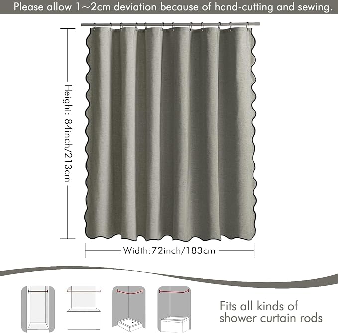 MIULEE 72"x84" Extra Long Scalloped Linen Shower Curtain Grey | Linen Textured, Waterproof, Washable, 12 Metal Hooks, Heavy Duty Cloth, Black Border, Shower Curtain for Bathroom Bathtub