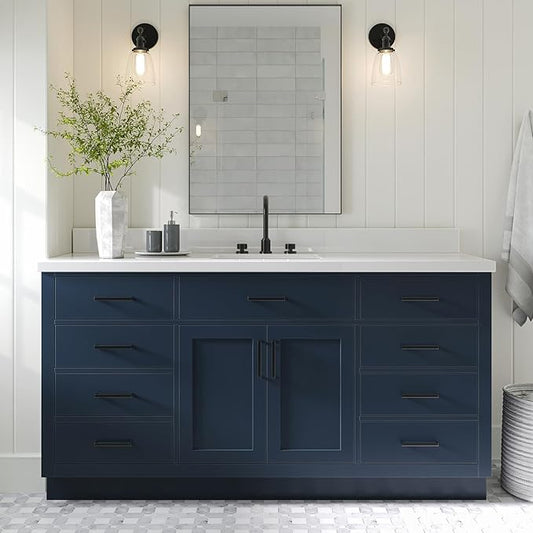 ARIEL Hepburn 66-inch Bathroom Vanity Base Cabinet,Solid Wood, 2 Soft Closing Doors, 9 Dovetail Drawers, Midnight Blue