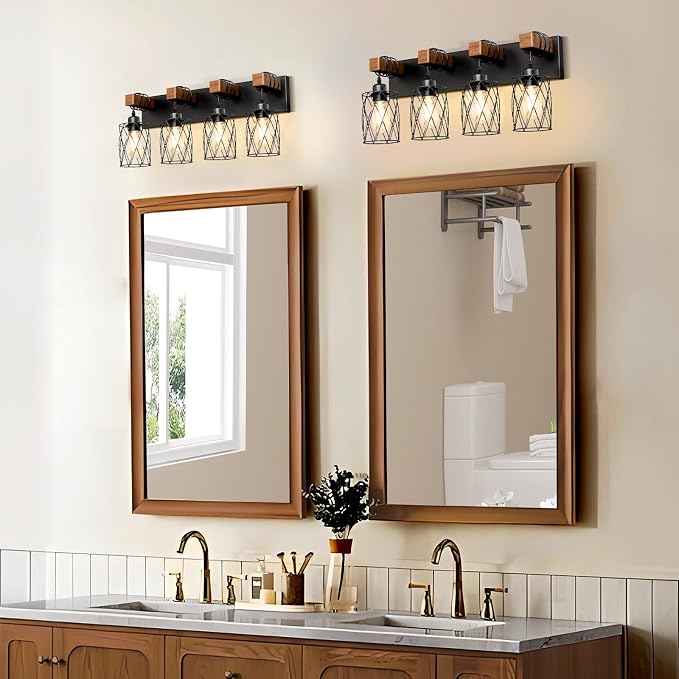 IZORRO Farmhouse Bathroom Vanity Light, 4-Light Wood Bathroom Light Fixtures Over Mirror, Black Industrial Vanity Lights with Metal Shade, Rustic Restroom Lighting Fixtures