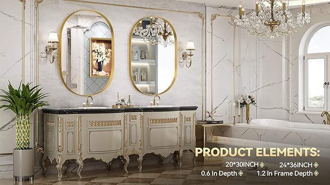 Brightify Gold Oval Mirror for Wall 24x36 Inch, Bathroom Vanity Mirrors Gold Metal Framed, Modern Mirror for Bedroom Living Room Wall Decorative Hang Vertical and Horizontal