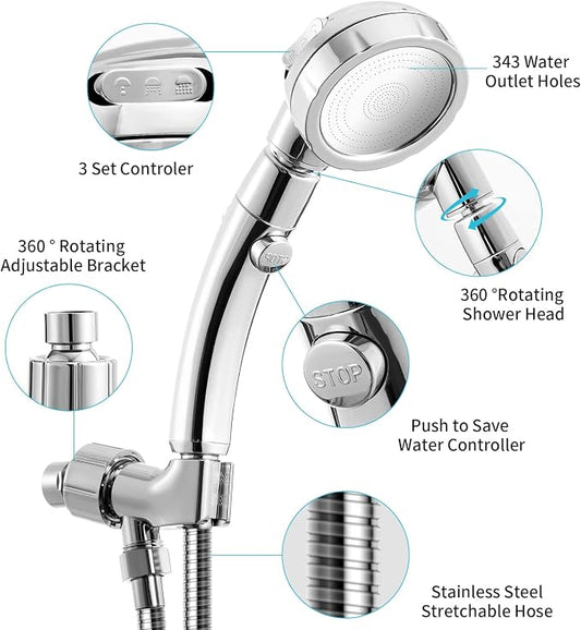 Marbrasse High Pressure Shower Head with Hose and Holder, 3-Settings Handheld Showerhead with Push Switch and Button to Control Water Flow for Saving Water,Removable Camper Shower Head