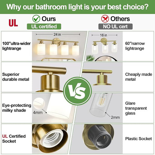 Zarbitta 4-Light Bathroom Light Fixtures, Brushed Gold Modern Vanity Lights with Milky White Frosted Glass Shades, Bathroom Wall Lamp for Mirror Kitchen Living Room
