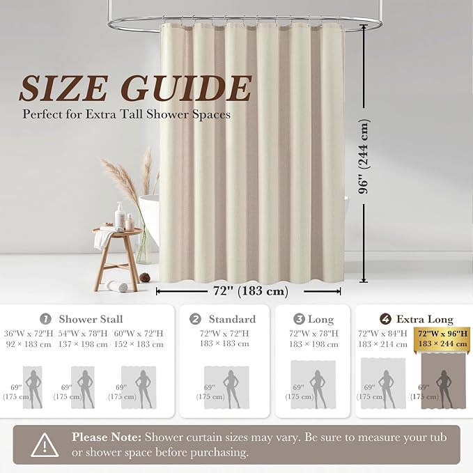 Seasonwood Beige Linen Shower Curtain Farmhouse Bathroom Decor 72x96 Inches | Boho Bathroom Decor,12 Sturdy Stainless Steel Sliding Hangers,Rustic Country Style,Linen Shower Curtains for Bathroom