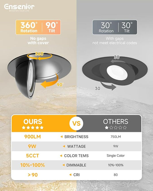Ensenior 4 Pack 4 inch 5CCT LED Gimbal Led Recessed Light with Junction Box, 360°+90° Adjustable Directional Lighting, Dimmable, CRI90+, 2700K/3000K/3500K/4000K/5000K, 900LM, 10W=85W-ETL&FCC, Black