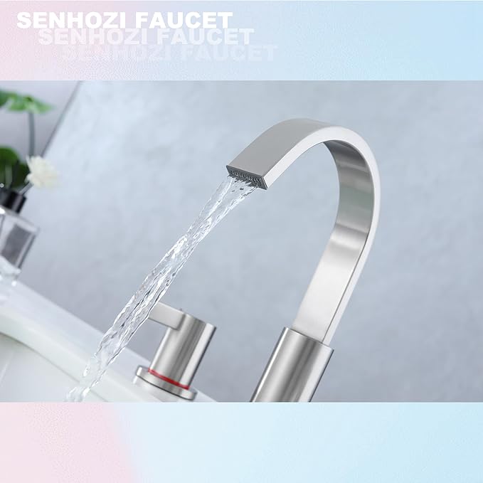 Brushed Nickel Bathroom Faucets 3 Hole, 8 Inch Widespread Waterfall Bathroom Sink Faucet, 2 Handles Vanity Faucet with Pop-up Drain and Supply Hose SE-0018-BN