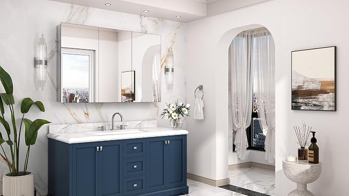 Keonjinn 48" x 32" Oversized Bathroom Medicine Cabinet with Mirror, Silver | Assembly Required, Lightweight Aluminum Structure, Free Adjustable Shelves, Combined Recessed or Surface Mount, DTC Hinges
