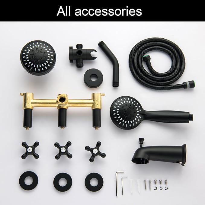 3 Handle Tub and Shower Faucet Set, Three Handle Shower Faucet with Tub Spout 3 Knob Bathtub Faucet Trim Kit with Valve, Matte Black