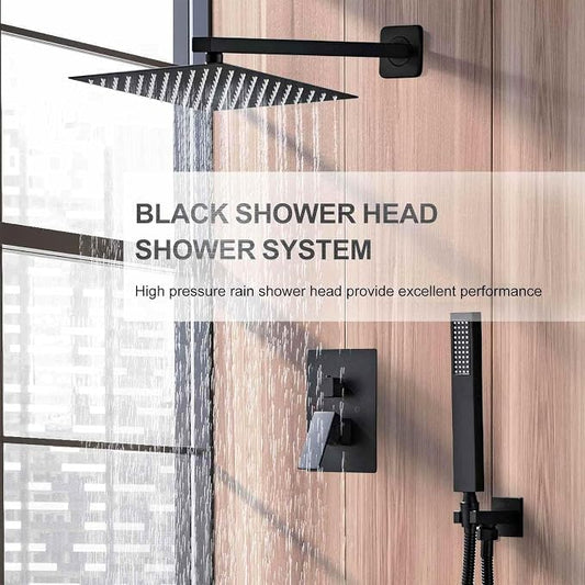 SaniteModar Shower Faucet Set 10 Inch, Matte Black Shower System | Rainfall Shower Head with Handheld Combo Spray, High Pressure Shower Combo Set Included Brass Valve and Trim kit