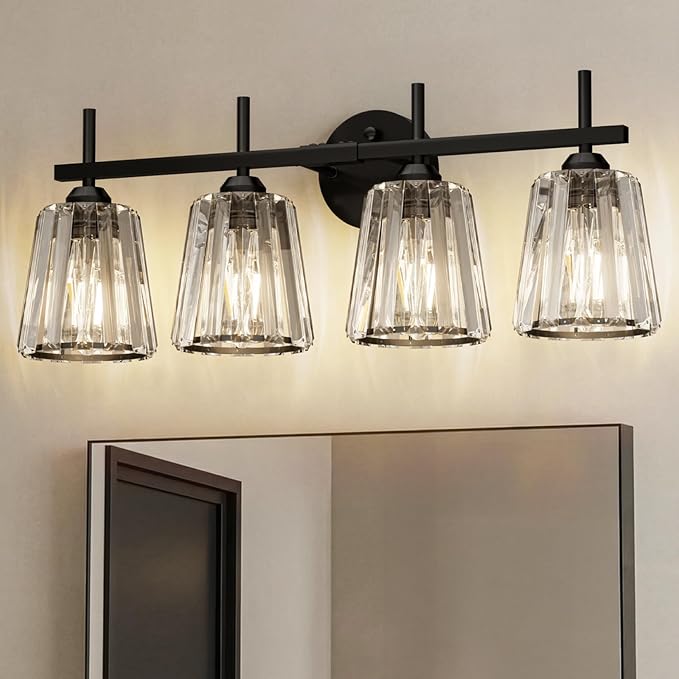 Crystal Bathroom Light Fixtures Over Mirror, Black 4-Light Bathroom Vanity Lights Over Mirror Modern Wall Lighting Sconces with Ceramic E26 Base (Bulbs Not Include)