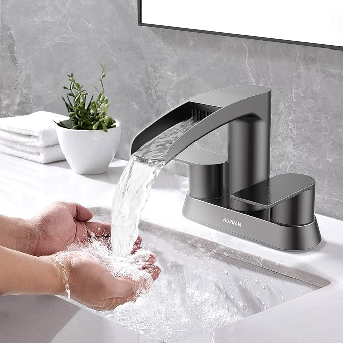 Bathroom Sink Faucet for 3 Hole, Hurran 4 Inch Bathroom Faucets with Pop-up Drain, Stainless Steel 2-Handle Waterfall Faucet for Bathroom Sink, Brushed Grey