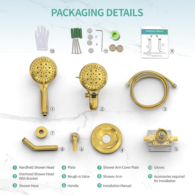SR SUN RISE Dual 2 in 1 Shower System with Handheld,Brushed Gold | 3-Way Diverter Rain Shower Combo Set,6 Spray Setting,High Pressure,Soild Brass,Included Valve and Trim Kit