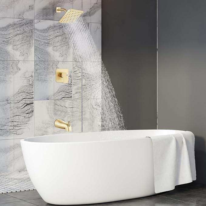 Heyalan 6 Inch Shower Faucet Set with Tub Spout and Valve, Brushed Gold | 6-inch square rainfall head, tub spout with diverter, male-thread rough-in valve, single-handle control and wall-mount design