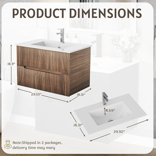 EROMMY 30 Inch Bathroom Vanity with Sink, Floating Bathroom Vanity with Ceramic Basin, Wall Mounted Bathroom Sink Cabinet Set with 2 Soft-Close Drawers, Faucet & Pop Up Drain, Walnut