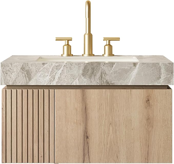 KEIKI 30 Inch Floating Bathroom Vanity with Sink, White Oak & Grey | Modern Wall Mounted Storage Cabinet w/ Drawer & Door, Pre-assembled Wood Panels, Sintered Stone Top & Ceramic Basin Combo Set