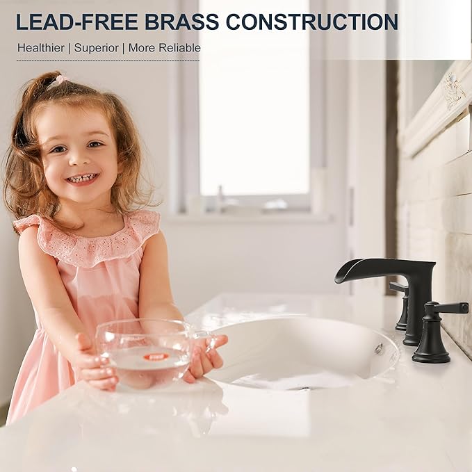 8 Inch Matte Black Bathroom Faucet 3 Hole, Brass Waterfall Bathroom Sink Faucet Widespread 2 Handle with Pop up Drain & Pre-Installed cUPC Supply Lines for Lavatory, 10 Mins Quick Install