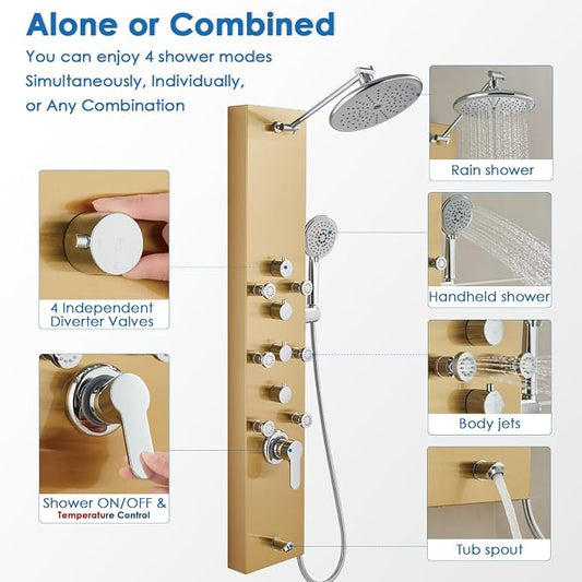 ROVOGO Gold Shower Panel Tower System, 4 Shower Modes Simultaneous Function | Rain Shower Head, Handheld, Body Jets, Tub Spout, Height Adjustable Shower Arm, Stainless Shower Column W/ Brass Valve, 43.3"
