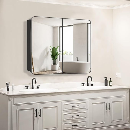Bathroom Medicine Cabinet with 30"x26" Black Stainless Steel Framed Mirror,Recessed or Surface Mounted Bathroom Mirror Cabinet,Storage Cabinet with Double Door