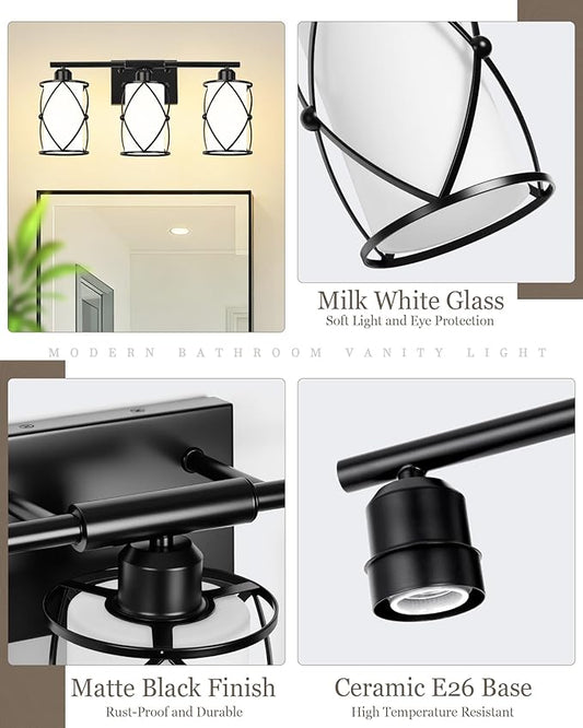 3-Light Black Bathroom Light Fixtures with Milk White Frosted Glass, 21" Modern Bathroom Vanity Lighting Fixtures Over Mirror with Metal Cage, Wall Sconce Lights for Bath, E26, CH9176BKW-3W