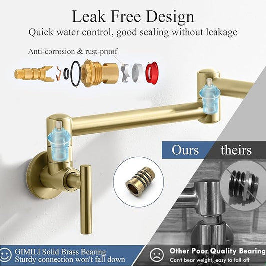Pot Filler Faucet Wall Mount - 3 Spray Modes, Double Joint Swing Arm, Retractable Space-Saving Design - Leak-Free High Flow Brass Faucet for Kitchen Sink & Stove - Brushed Gold