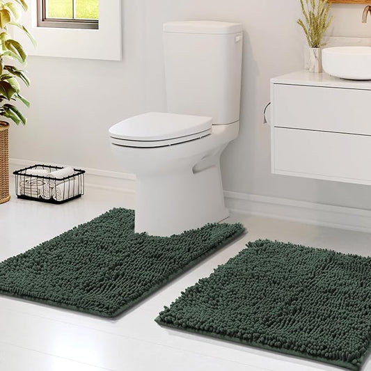 Hearth & Harbor Bathroom Rugs, Chenille Bath Mat - Machine Washable Bath Mats for Bathroom Non-Slip Backing Rubber, Quick Dry Bathroom Mat - Hunter Green 17x24-20x24