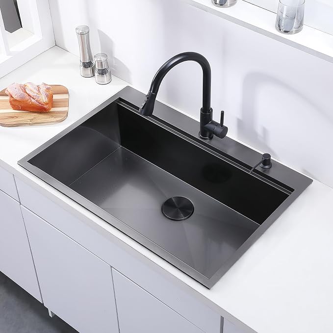 33x22 Inch Black Drop In Kitchen Sink - VAPSINT 33 Inch Top Mount Single Bowl 9 Inch Deep Handmade Workstation Sink in Gunmetal Stainless Steel with Cutting Board & Strainer