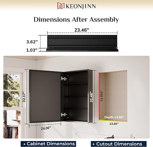 Keonjinn Black Bathroom Medicine Cabinet with Mirror 24x32, Assembly Needed | Stepless Adjustable Shelves, Lightweight Aluminum, Rust-Resistant, Surface Mount or Recessed Bathroom Mirror with Storage