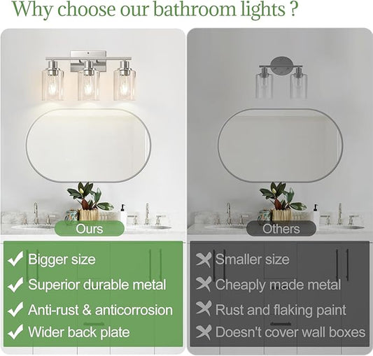 Indoi 3-Light Bathroom Light Fixtures, Brushed Nickel Modern Vanity Lights with Clear Glass Shades, Bathroom Wall Lamp for Mirror Living Room Cabinet Bedroom Porch