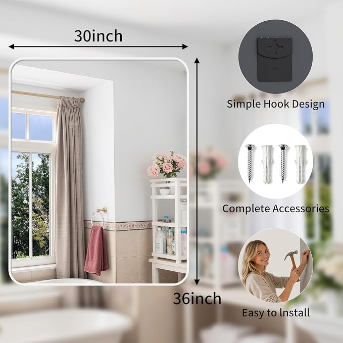 Bathroom Mirror for Wall, 30"x36" Black Bathroom Mirror for Over Sink, Shatterproof Tempered Glass Vanity Mirror with Anti-Rust Aluminum Alloy Frame, Hang Horizontally or Vertically, White