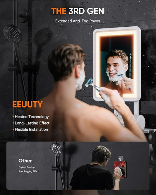 Heated Shower Mirror Fogless for Shaving (Gen 3) - 3 Colors Stepless Dimmable Lights, Anti-Fog Shaving Mirror with Razor Holder, No-Drilling, Removable - White