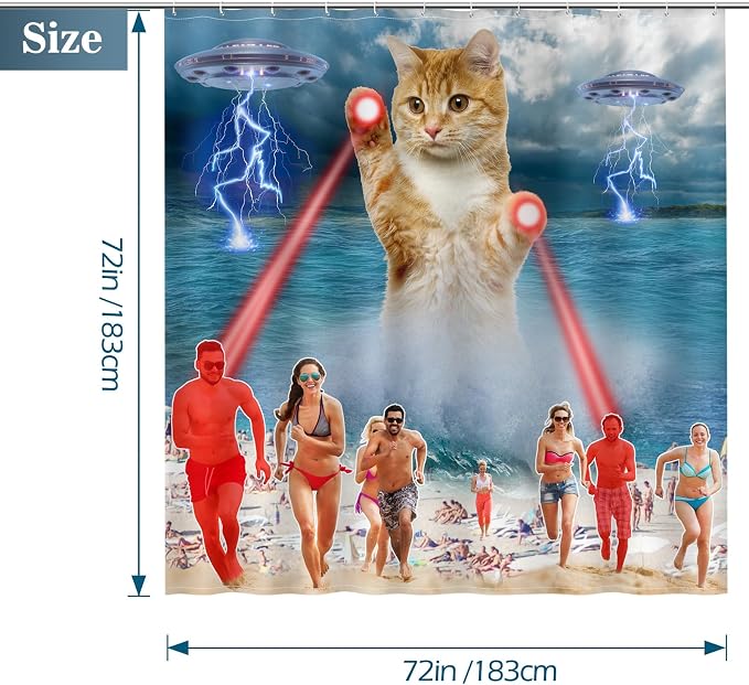 Aimego Funny Cat Shower Curtains for Bathroom - Cute Cool Ocean Cat with Weird Adults Beach UFO Fun Bath Shower Curtain Set with 12 Hooks for Adults Kids Bathroom Decor Accessories, 72"x72"