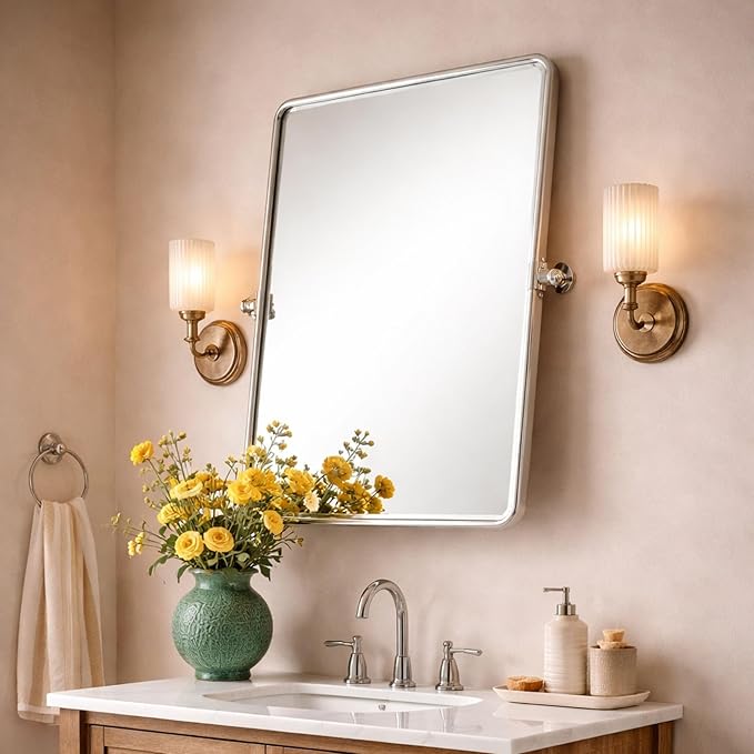 Farmhouse Pivot Rectangle Bathroom Mirror Oil Rubbed Bronze Metal Framed Tilting Beveled Vanity Mirrors for Wall, Overall 27.91x 30 inches (Mirrror 24 x 30 inches)