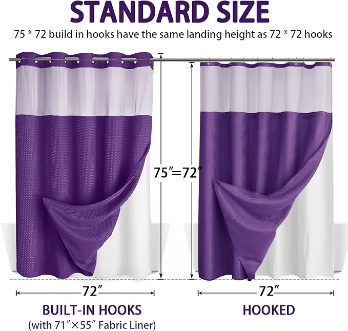 No Hook Shower Curtain with Liner Set Hotel Waffle Deep Purple 72W X 75L | Washable Snap in Fabric Liner, Mesh Top Window, Waffle Hotel Style Shower Curtain Set