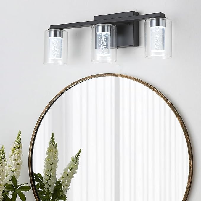 3-Light Bathroom Light Fixtures, Black Modern Vanity Lights with Clear Glass Shade, Bathroom Wall Lamp with Crystal Bubble for Mirror Kitchen Living Room Hallway