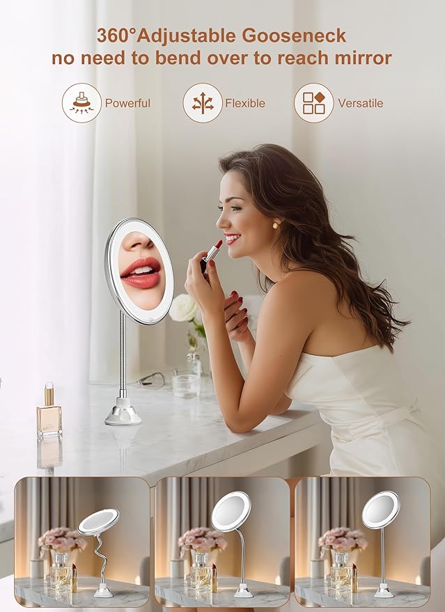 10x Magnifying Mirror with Light, Flexible Gooseneck Travel Make up Mirror | Wall Mount Mirror with Lights and Magnification, Battery Operated Cordless with Suction Cups for Bathroom Silver 1 Lighting
