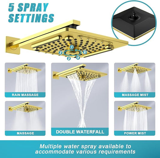 ELLO&ALLO Bathroom Shower Faucet Set Mixing Valve and Trim Kit, Complete Shower System with Rough-in Valve, Brushed Gold