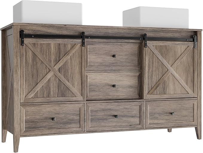 VNN Bathroom Vanity with Sink - 60 Inch Bathroom Vanity Double Sink Ceramic, Freestanding Cabinet with 2 Farmhouse Sliding Barn Doors and 5 Drawers, Space-Saving Storage Cabinet, Grey Wood Grain
