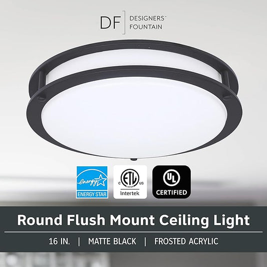 Designers Fountain Flush Mount Ceiling Light, 16 Inch Round LED DC Lighting Fixture Kitchen, Bedroom, Bathroom, and Hallway, Dimmable, 1800 Lumens, 3000K/4000K/5000K, Matte Black, EV1416C3C-43