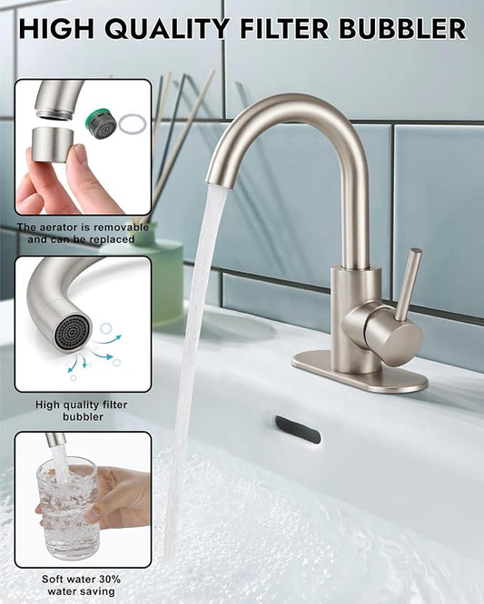 Midanya Single Hole Bathroom Faucet 1 Hole Bar Sink Faucet Suitable for Kitchen RV Vanity,304 Stainless Steel 360° Swivel Spout with Deck Plate and Pop-up Drain,Brushed Nickel