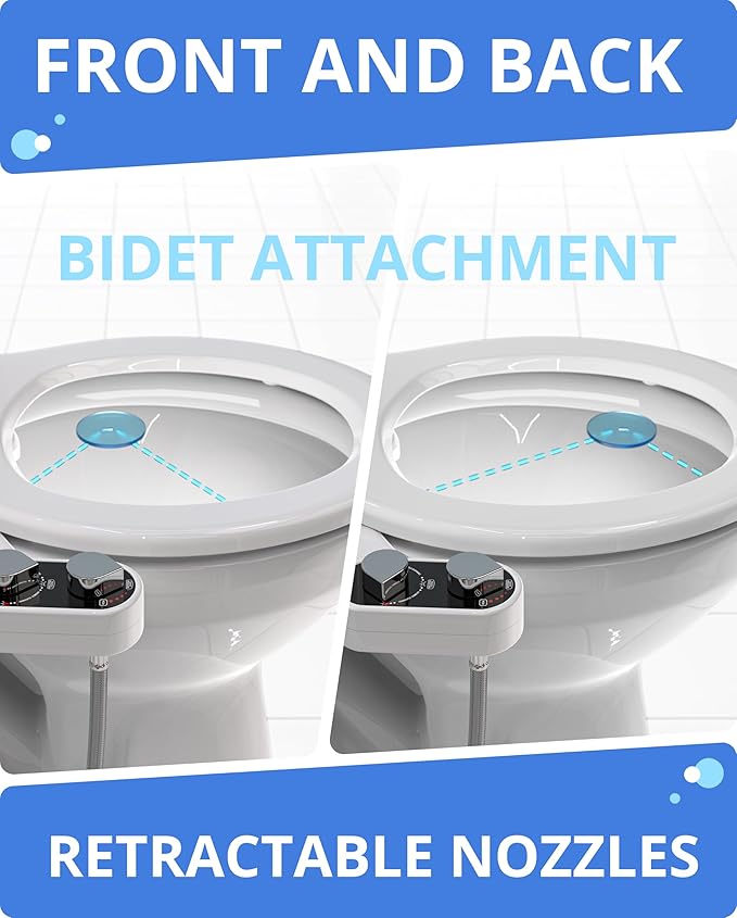 CLEAR REAR Bidet Attachment for Toilet Seat - Non-Electric with Self Cleaning Dual Nozzles, Leak Proof Connectors, Adjustable Water Spray, Rear & Feminine Wash - Hygienic Bathroom Upgrades
