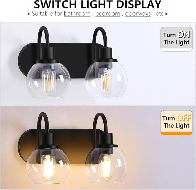 Modern 2-Light Vanity Light, Bathroom Lighting Fixture Over Mirror With Clear Glass Shade and Metal Base, Matte Black Wall Mounted for Bathroom
