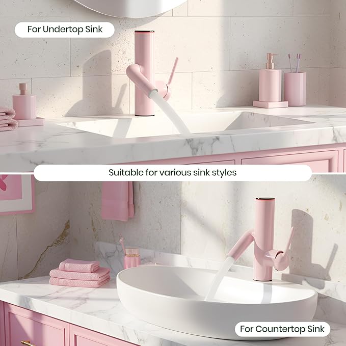 Bathroom Sink Faucet, Cactus-Shaped, Single Hole with Water-Powered 3Colors LED Temperature Display and Adjustable Outlet, 2 Water Flow Modes with Supply Hoses, No Battery, Pink