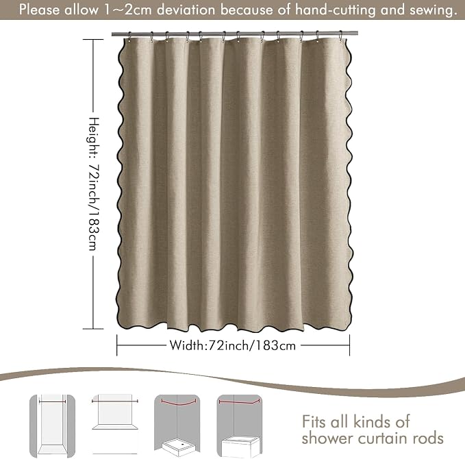 MIULEE Khaki Scalloped Linen Shower Curtain 72x72 Inches | Linen Textured, Waterproof, Washable, 12 Metal Hooks, Heavy Duty Cloth, Black Border, Shower Curtain for Bathroom Bathtub