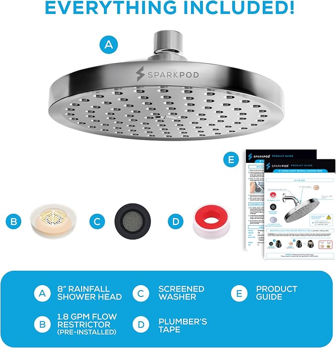 SparkPod Rain Shower Head, 8 Inch Round, Luxury Polished Chrome Finish | High Pressure Shower Heads, 90 Nozzles, Adjustable Showerhead, No Tools Needed, Universal Connection