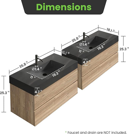72" Floating Bathroom Vanity with Sink Combo, Modern Floating Double Sink Bathroom Vanity with Black Engineered Stone Tops & 4 Soft-Closing Drawers, Large Storage for Apartment, Hotel, Rough Oak