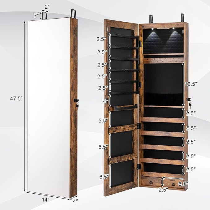 COSTWAY Wall Mounted Jewelry Armoire with Full Length Mirror & 2 LED Lights, Large Capacity, Lockable Mirror Jewelry Cabinet for Women Girls (Rustic Brown)